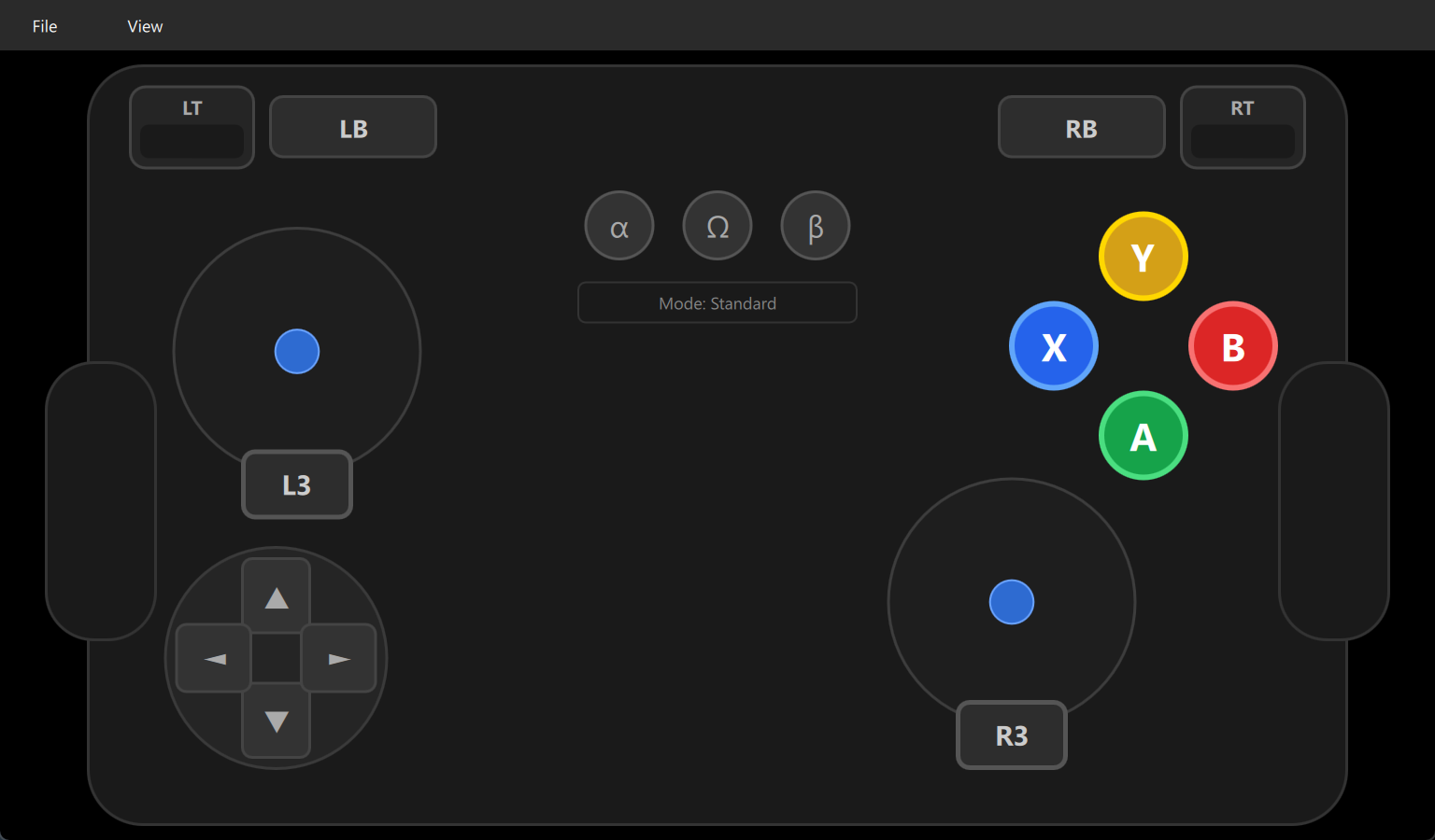 The Nimbus Adaptive Controller window, laid out as a game controller. Two large circular thumbstick pads with L3 and R3 buttons beneath them, a four-way D-pad, four oversized round face buttons marked A, B, X and Y, LT, LB, RB and RT shoulder buttons across the top, three mode buttons marked alpha, omega and beta, and a Mode: Standard readout. Every control is drawn oversized.